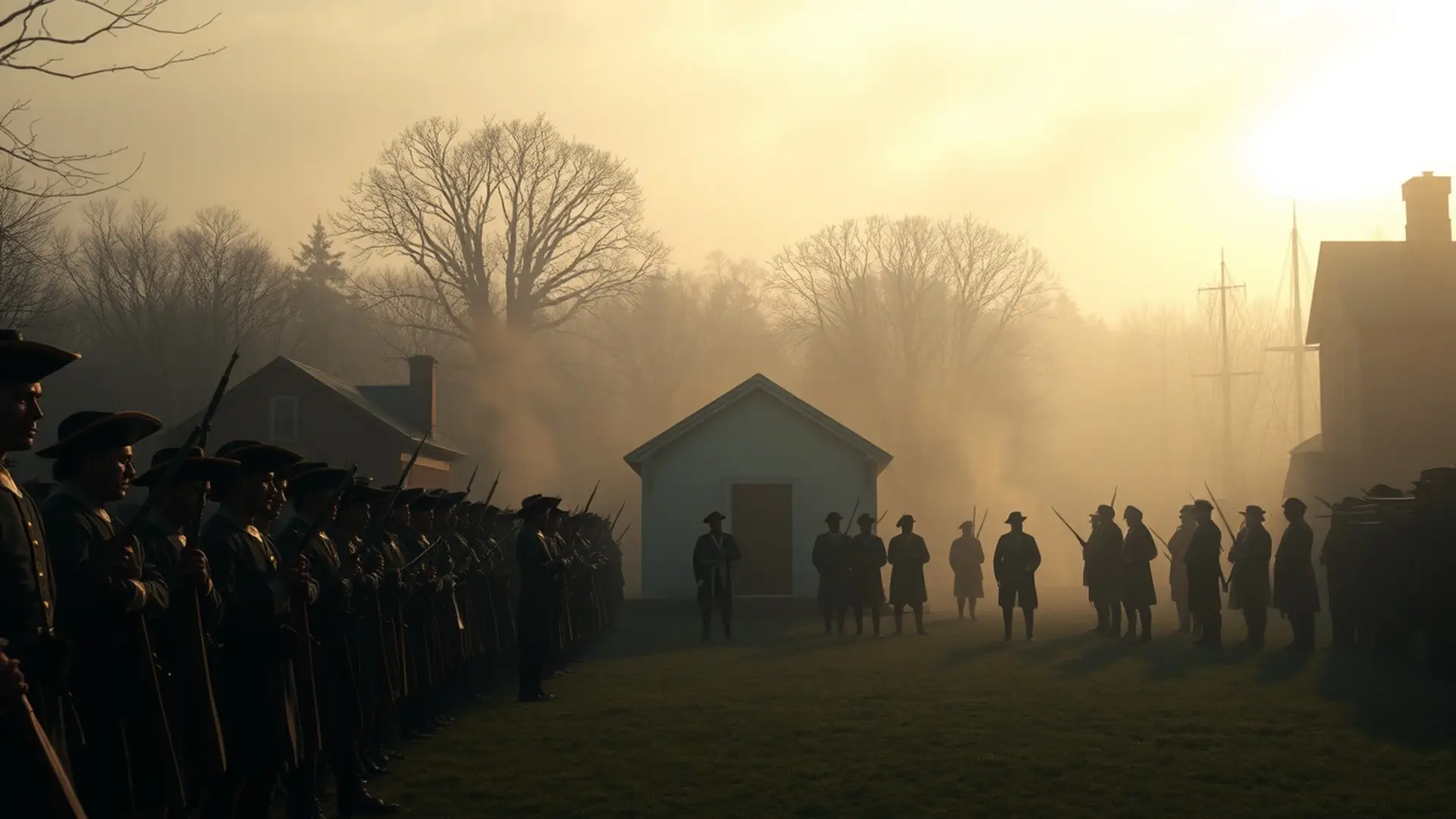 Painted scene of colonial militia lined up on a misty village green at dawn