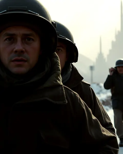 Painted portrait of people in heavy coats walking through a snowy city during the Cold War