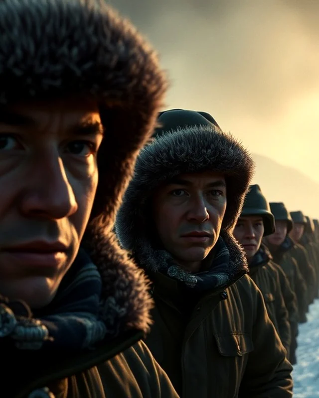 Painted portrait of soldiers in fur-lined winter hats marching through snow in the Korean War