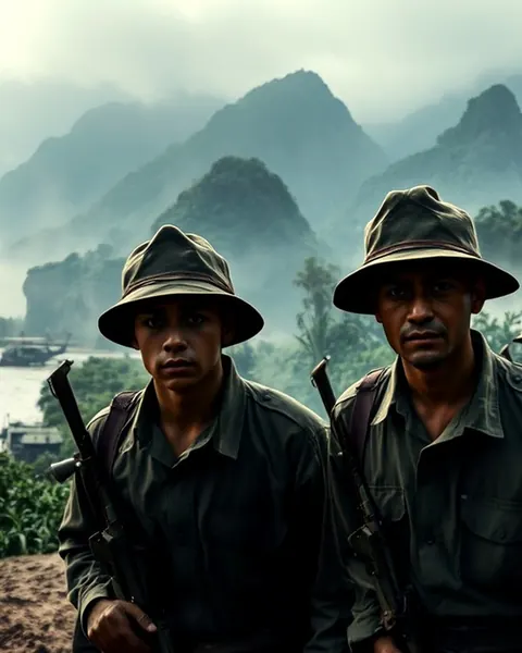 Painted portrait of soldiers in bush hats in the misty mountains of Vietnam