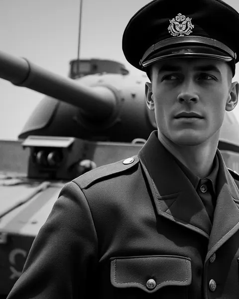 Black-and-white painted portrait of a World War II officer in a peaked cap beside a tank